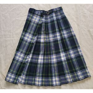 Vintage Kilt Wool Green Blue‎ Plaid Tartan Dark Academia Wrap Belt Pleated XS/S